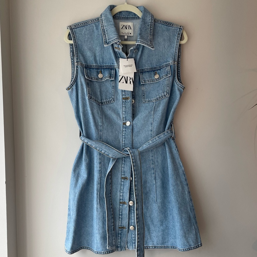 ZARA Blue 100% Cotton Denim Sleeveless Vest Waist Tie Mini Dress, Size L, NWT